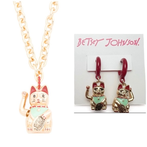 BETSEY JOHNSON SET Colorful Lucky Happy Asian Cat Drop Earrings Necklace NEW NWT - Picture 1 of 14